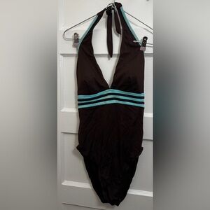 Jamaica Bay Halter One-Piece Swimsuit in Brown and Teal